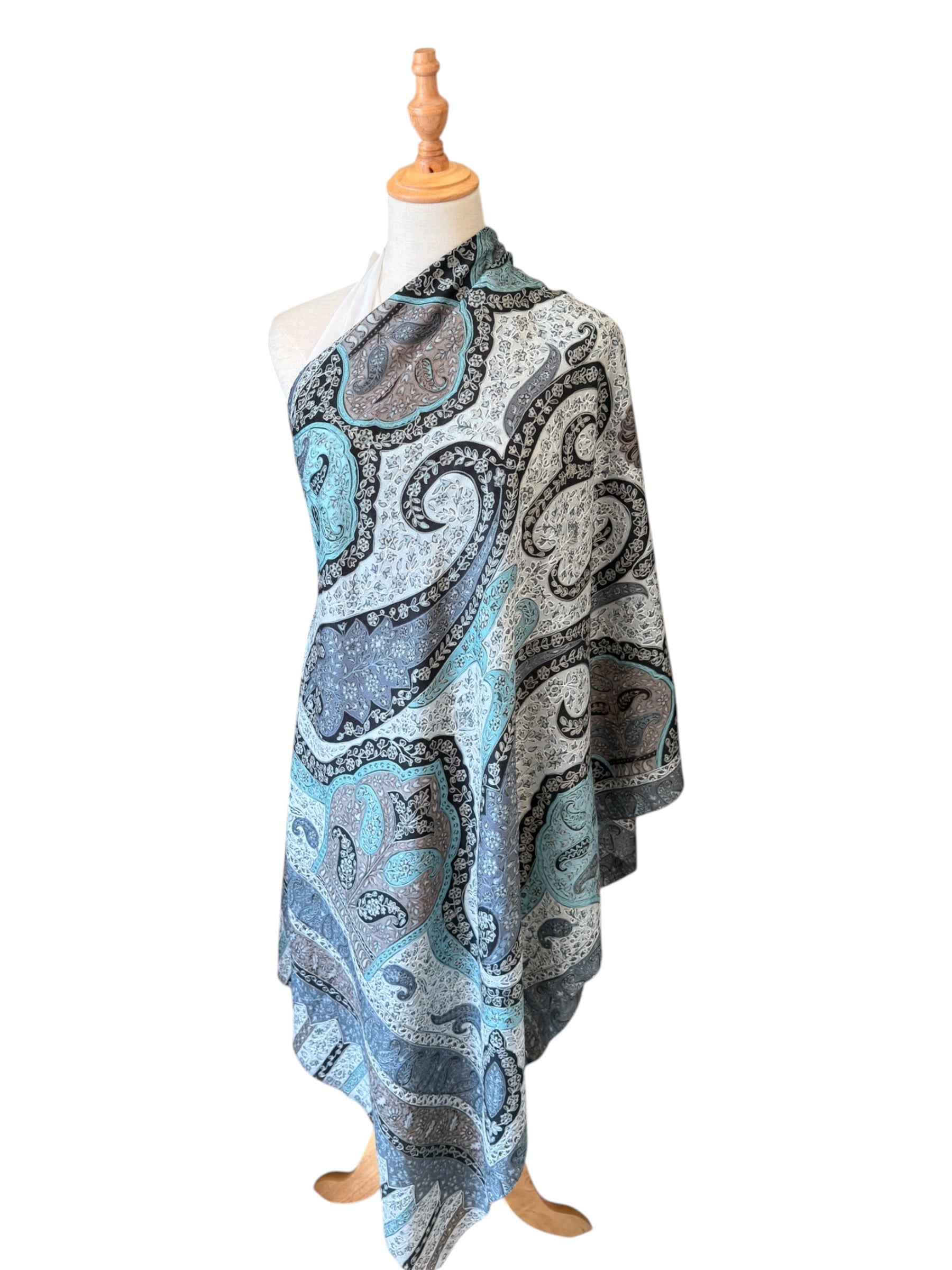 Noori Couture silver blue handwoven merino wool shawl with intricate hand-painted Kalamkari motifs and silk embroidery