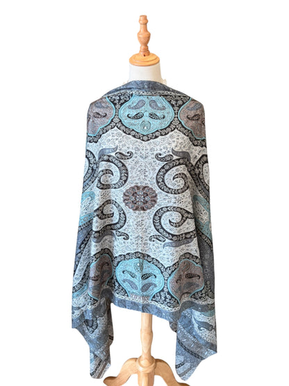 Noori Couture silver blue handwoven Merino wool shawl with intricate hand-painted Kalamkari motifs and silk embroidery.
