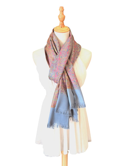 Noori Couture slate grey handwoven pashmina shawl featuring intricate multi-colored paisley patterns and fringe edges.