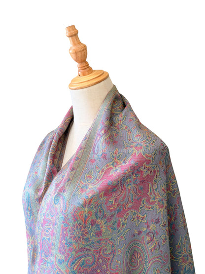 Noori Couture slate grey handwoven pashmina shawl featuring an intricate multi-colored traditional paisley pattern.