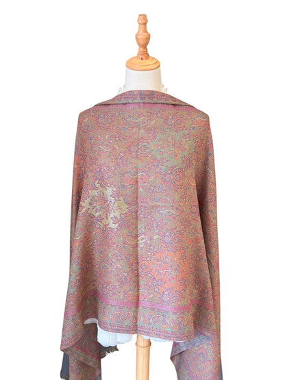 Noori Couture slate grey handwoven pashmina shawl featuring an intricate multi-colored traditional paisley pattern.