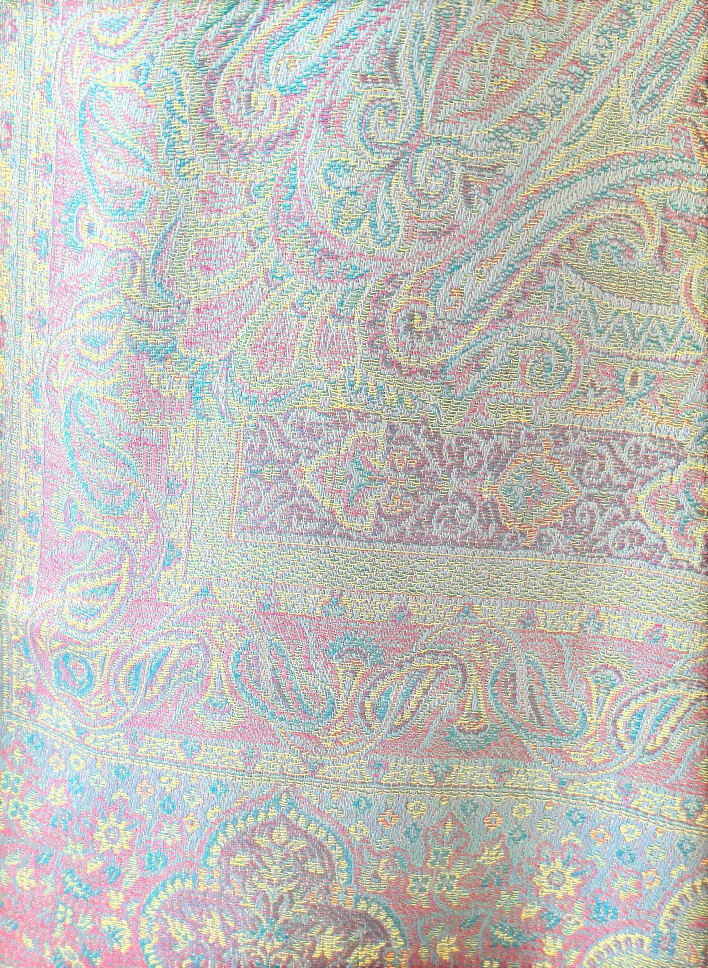 Noori Couture slate grey handwoven pashmina shawl featuring intricate multi-colored traditional paisley woven patterns.