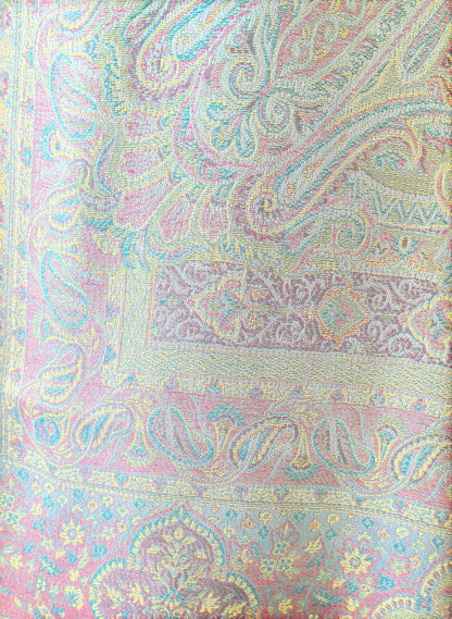Noori Couture slate grey handwoven pashmina shawl featuring intricate multi-colored traditional paisley woven patterns.