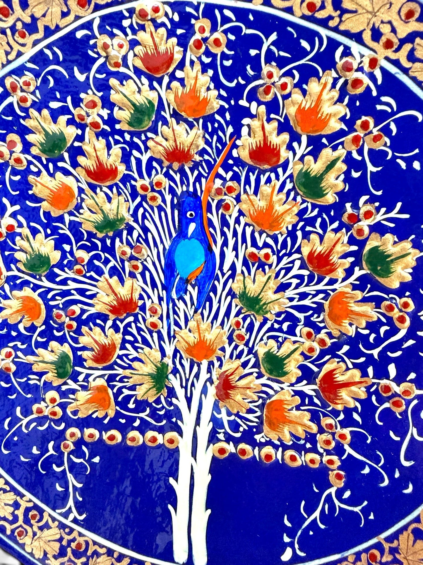 Noori Couture handpainted papier-mâché coaster set with Tree of Life motif, blue, orange, green, and gold.
