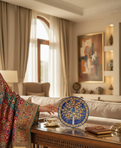 Noori Couture handpainted papier-mâché decorative plate with Tree of Life motif in blue, orange, green, and gold.