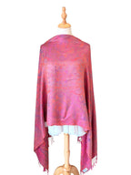 Noori Couture handwoven violet pink pure mulberry silk shawl with intricate paisley patterns on a mannequin