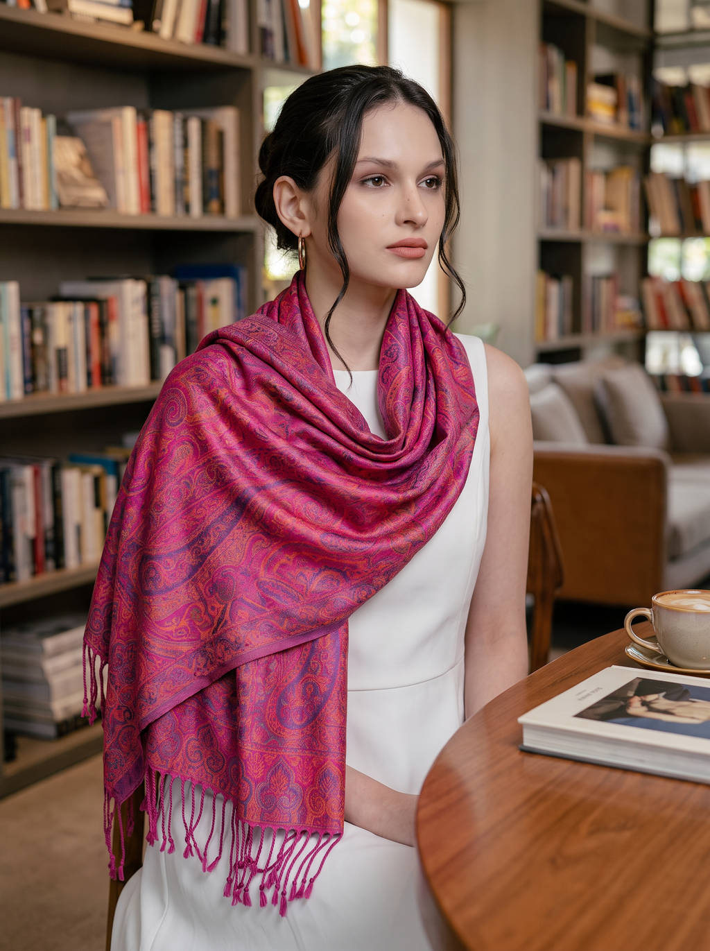 Noori Couture handwoven violet pink mulberry silk shawl with intricate paisley patterns draped over a woman's shoulders