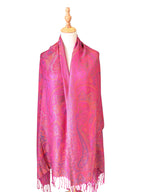 Noori Couture handwoven violet pink mulberry silk shawl with intricate paisley patterns and delicate fringe detail