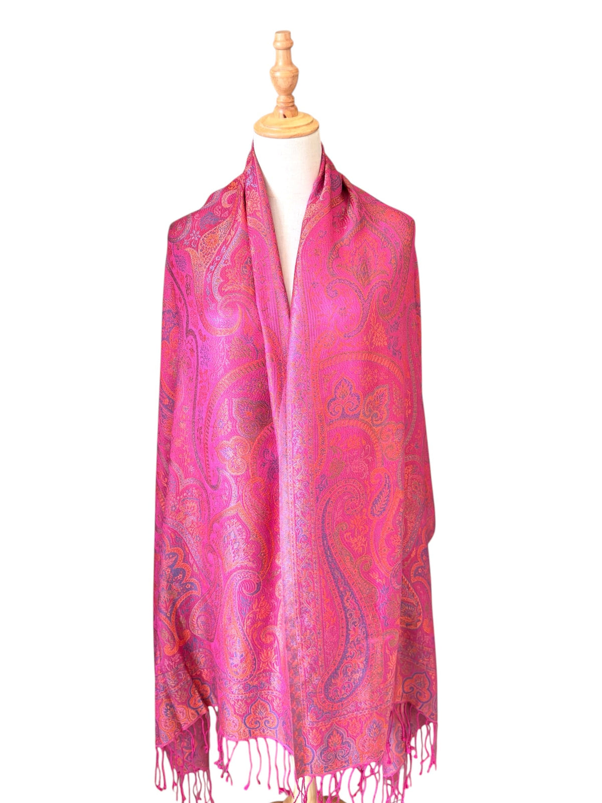 Noori Couture handwoven violet pink mulberry silk shawl with intricate paisley patterns and delicate fringe detail