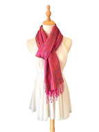 Noori Couture handwoven violet pink pure mulberry silk shawl with intricate paisley patterns and fringe detail