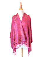 Noori Couture handwoven violet pink pure mulberry silk shawl with intricate paisley patterns and delicate fringe.