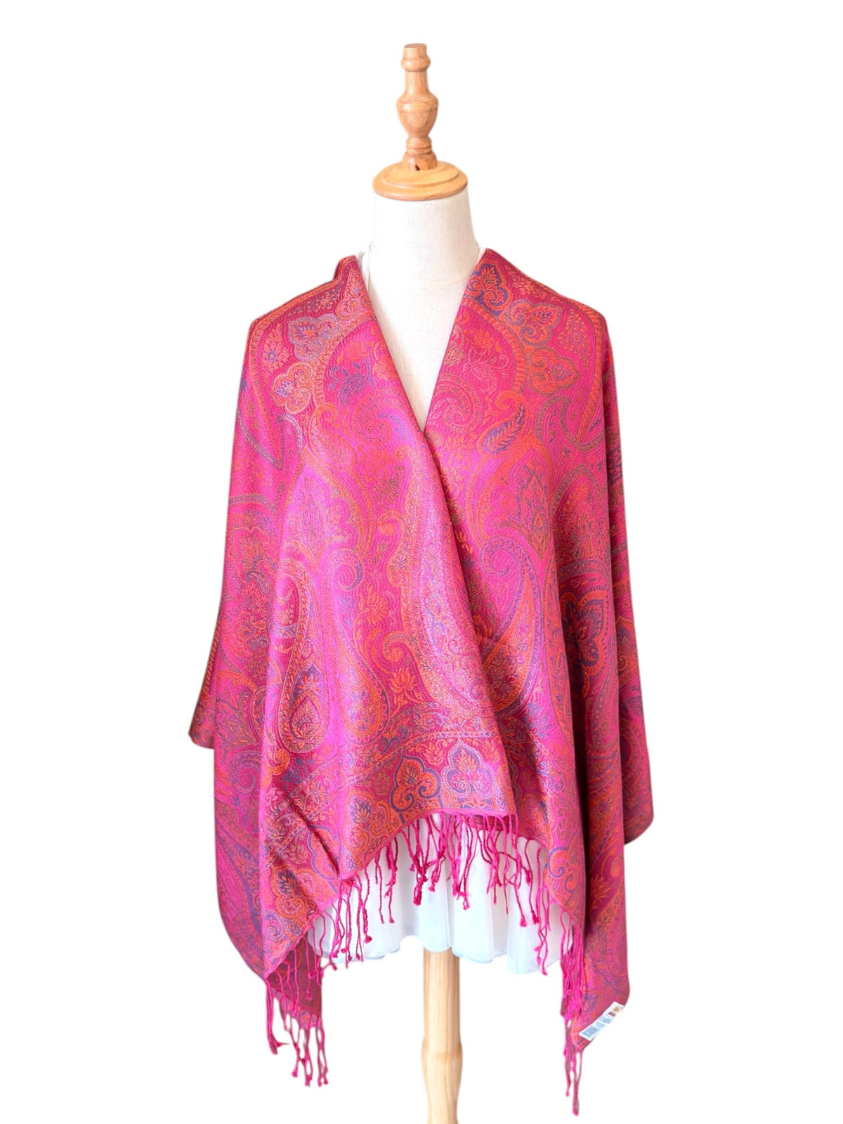 Noori Couture handwoven violet pink pure mulberry silk shawl with intricate paisley patterns and delicate fringe.