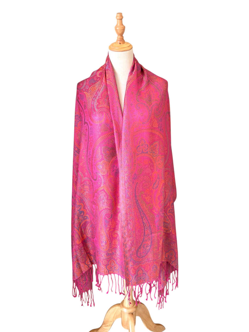 Noori Couture handwoven violet pink pure mulberry silk shawl with intricate paisley patterns and delicate fringe