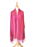 Noori Couture handwoven violet pink pure mulberry silk shawl with intricate paisley patterns and delicate fringe
