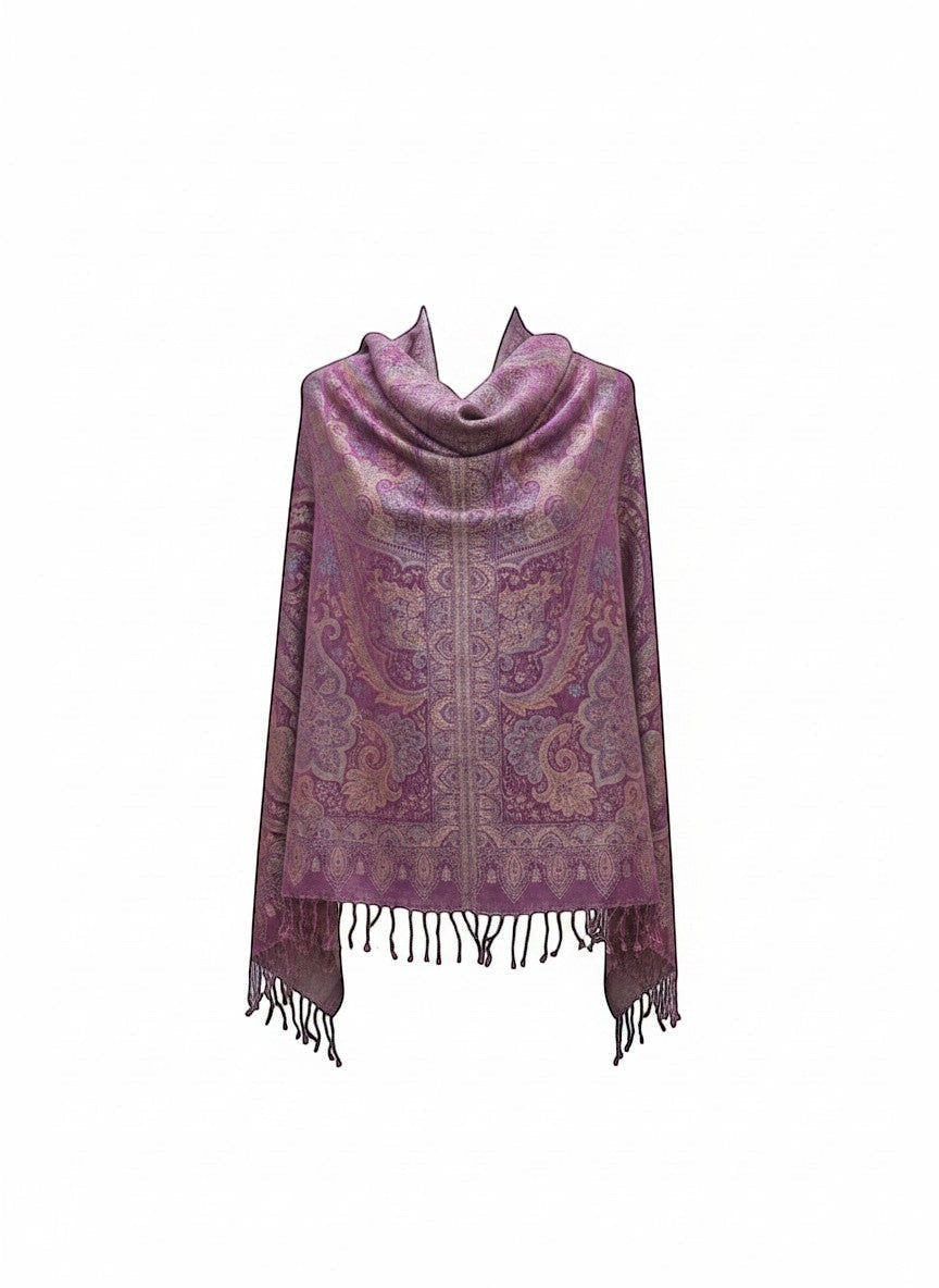 Noori Couture violet handwoven pure silk shawl with intricate paisley pattern and fringe detail.