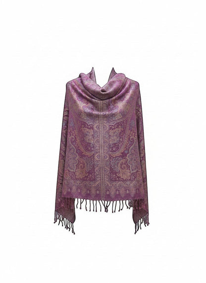 Noori Couture violet handwoven pure silk shawl with intricate paisley pattern and fringe detail.