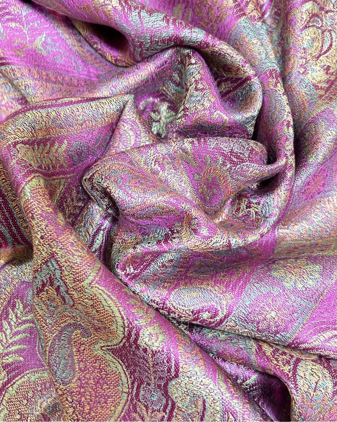 Noori Couture handwoven pure silk shawl in violet with intricate paisley pattern. Soft, luxurious, and elegant.