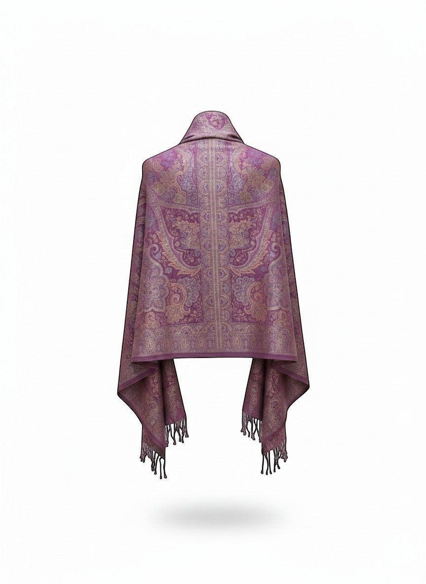 Noori Couture violet handwoven pure silk shawl with intricate paisley pattern and fringe details.