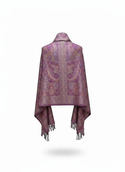 Noori Couture violet handwoven pure silk shawl with intricate paisley pattern and fringe details.