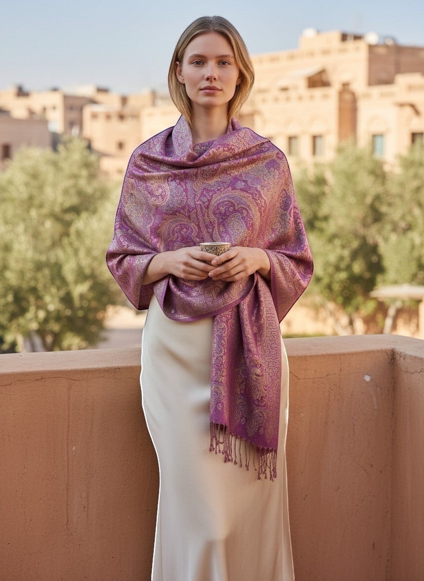Noori Couture violet handwoven pure silk shawl with intricate gold paisley pattern and fringe detail.