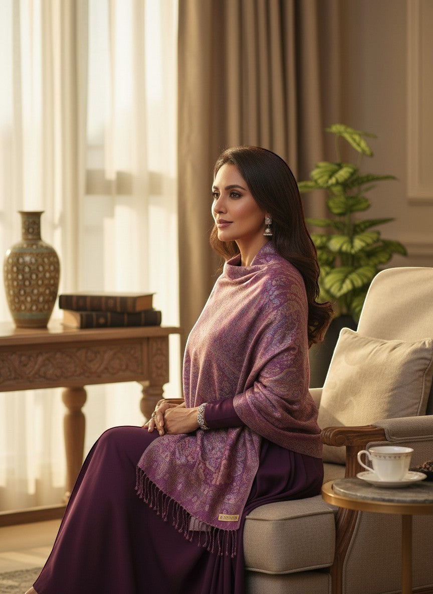 Noori Couture violet pure silk shawl with intricate paisley pattern and fringe detail, draped by a woman sitting in a chair.