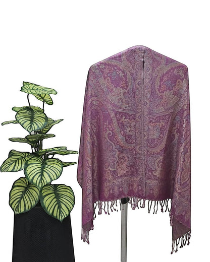 Noori Couture violet handwoven pure silk shawl with intricate paisley pattern and fringe detail.