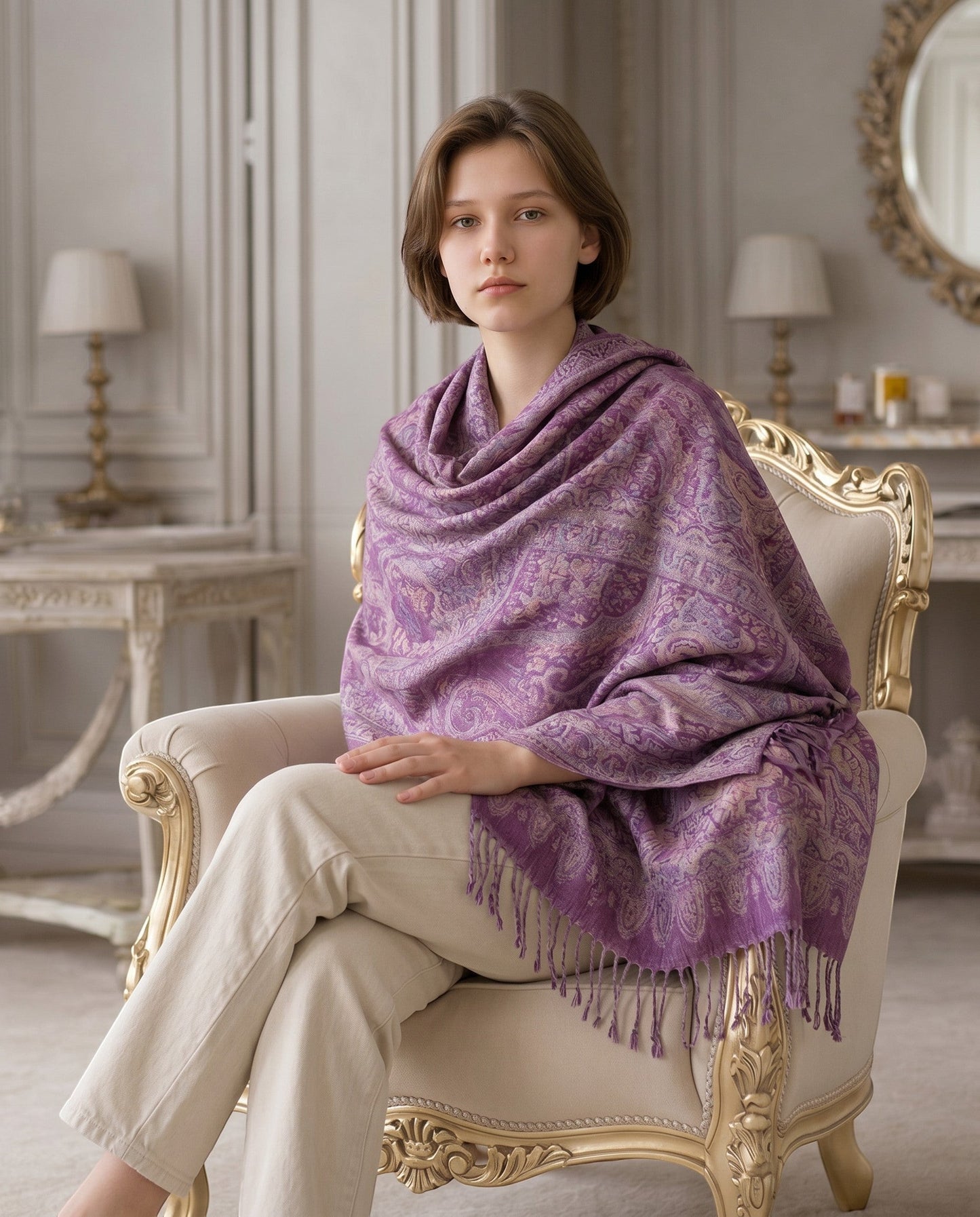 Noori Couture violet handwoven pure silk shawl with intricate paisley pattern and fringe detail.