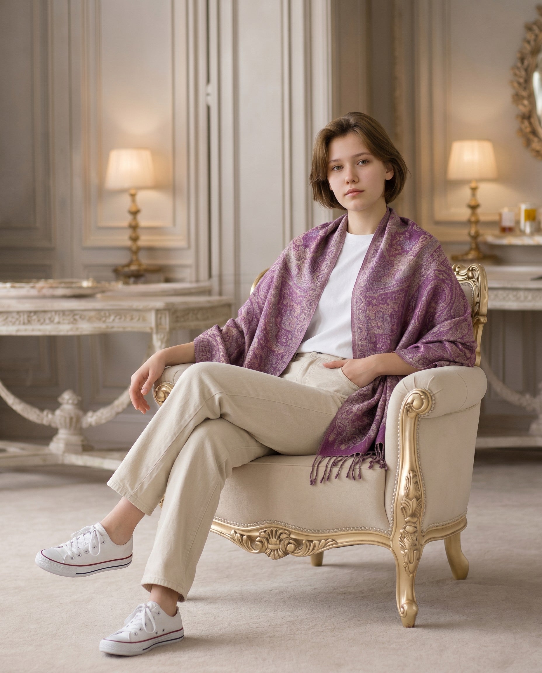 Noori Couture violet handwoven pure silk shawl with intricate paisley pattern and fringe detail.