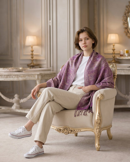 Noori Couture violet handwoven pure silk shawl with intricate paisley pattern and fringe detail.
